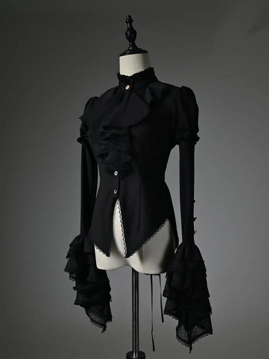 Black Jabot Ruffled High Neck High-low Hem Long Sleeves Shirt