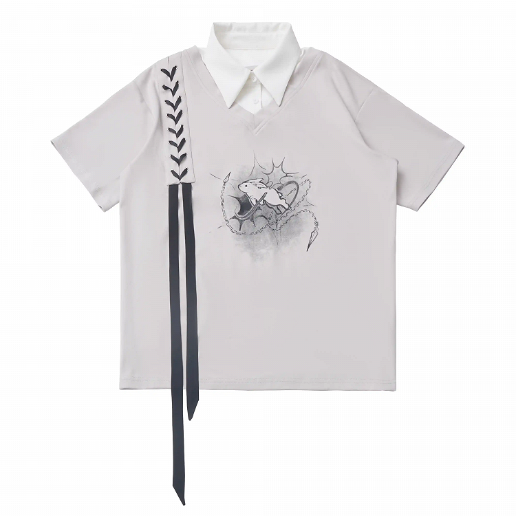 Clearance-Size S for Bust 110CM Gray Bunny Print Faux Two-pieces T-Shirt