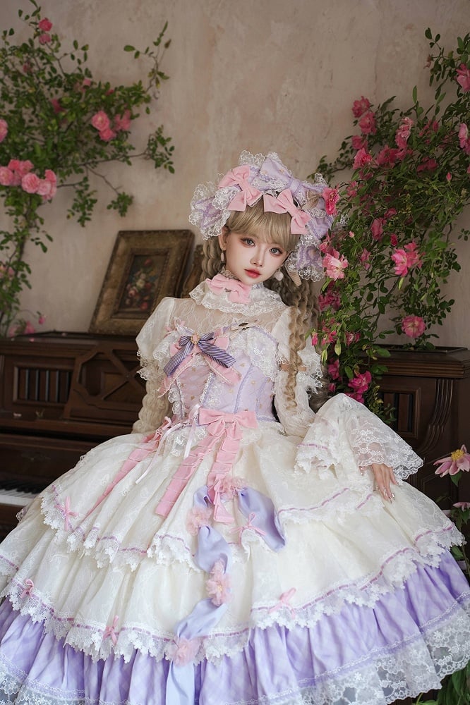Purple and Pink Boned Corset Top + Tiered Skirt Gorgeous Hime Lolita Full Set