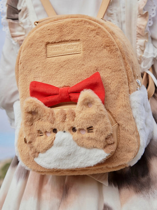 Orange & White Plush Cute Kitty Design Backpack with Bowknot