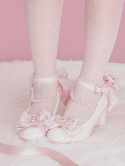 Pink Beaded And Rhinestone Decorated Bow at Top Lace Trim Mary Janes With Detachable Beaded Chain
