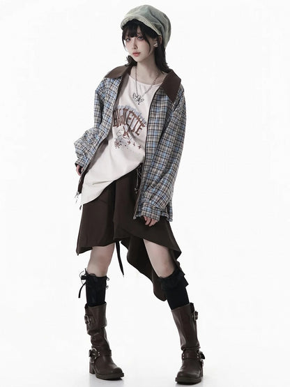 Millard Fashion 2-Way Convertive Jacket: Caramel Brown & Blue Vintage Plaid