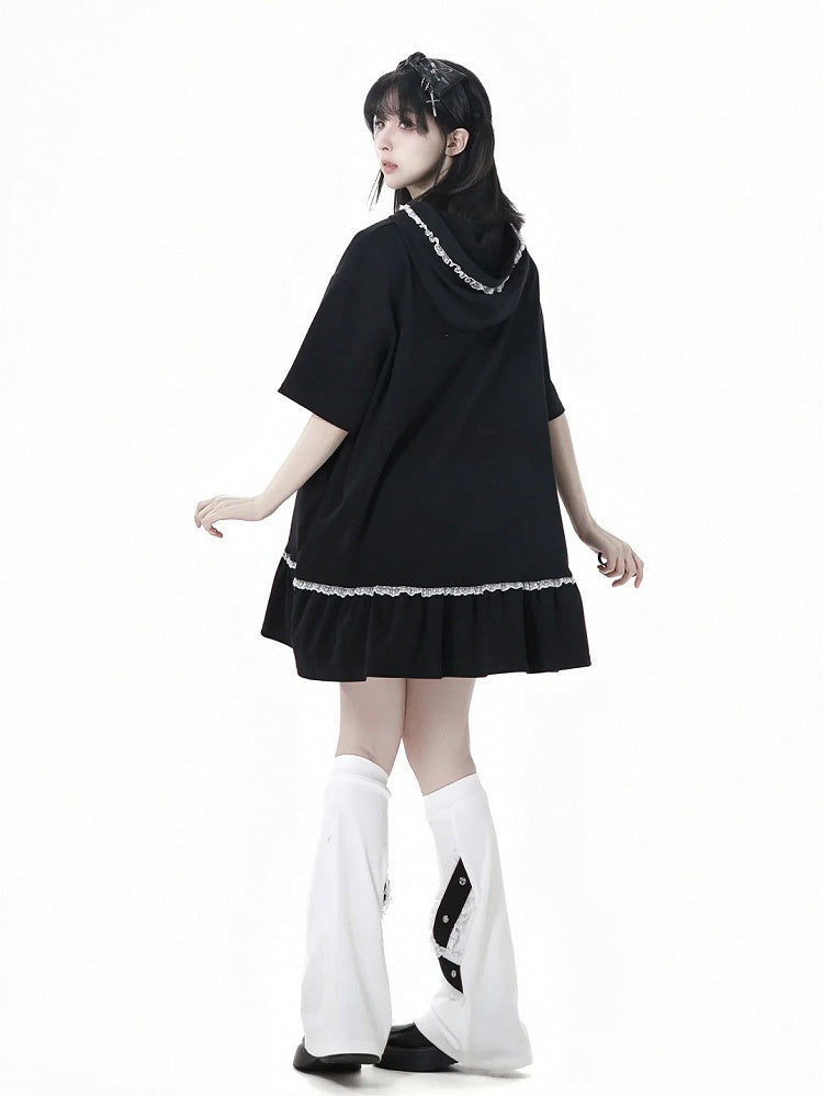 Black Cross Charms Contrast Lace Trim Bittersweet Girl Print Hooded Dress