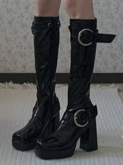 Knee-Length Polished Black Boots - Square Toe Platform with Decorative Buckles & Inner Zipper