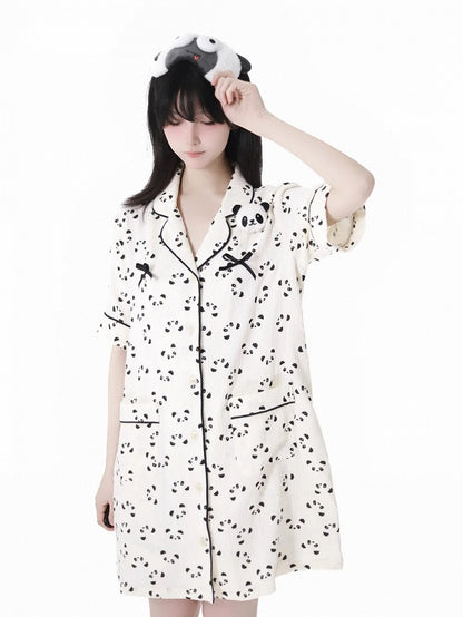 Beige Scalloped Edge Collar Allover Panda Print Pajamas Shirt Dress Panda Plushie