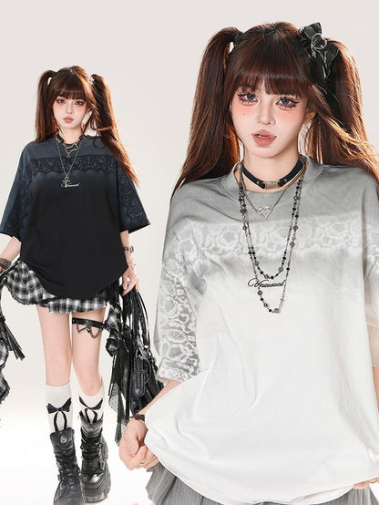 Gradient Black/White Round Neck Loose T-shirt