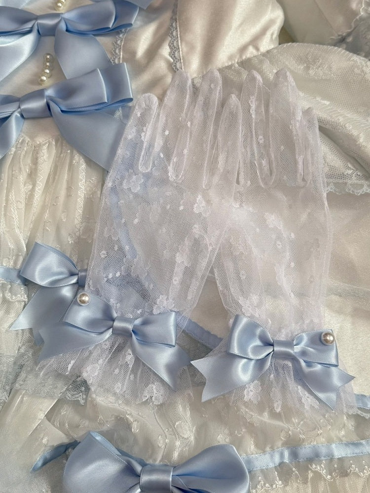 White&Blue Beaded Decorated Bowknot Design Lace Gloves