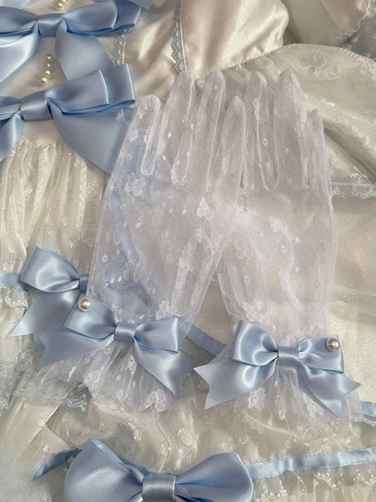 White&Blue Beaded Decorated Bowknot Design Lace Gloves