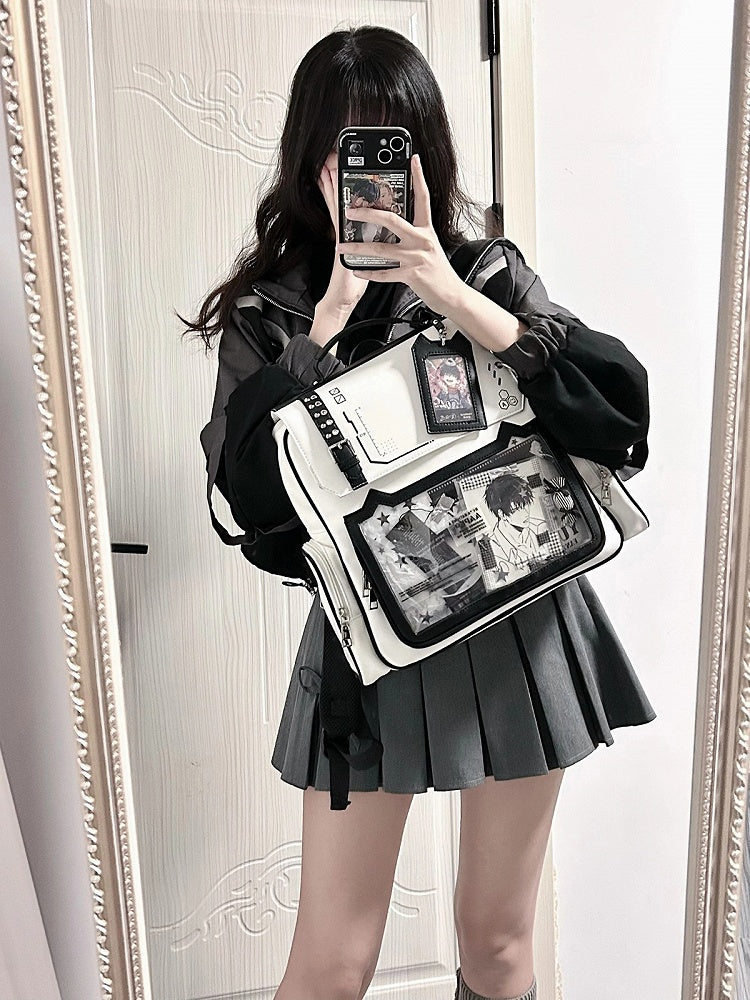 White Cute Kitty Ear Design PU Ita Backpack with Card Holder Charm