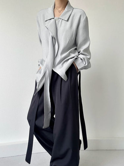 Ouji Lolita Light Blue Retro Pointed Collar Shirt with Long Draping Ribbon & Button Cuff