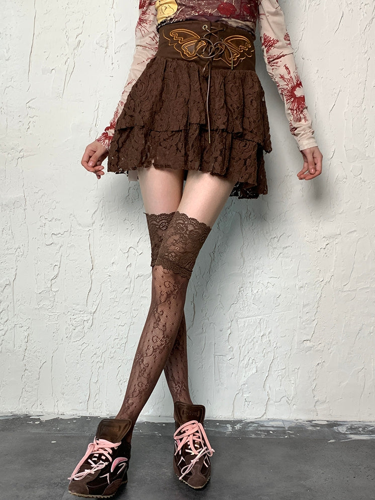 Brown Wasteland Punk Lace Trim Overknee Stockings