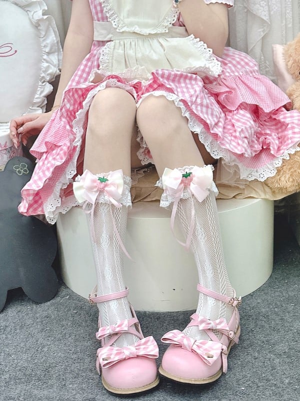 14 Options Black/White Lolita Calf Socks With Bowknot Details And White Lace Cuffs
