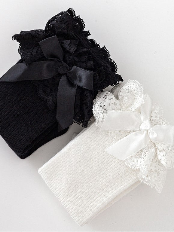 Black/White Lolita Lace Cuff Bowknot Details Calf Socks