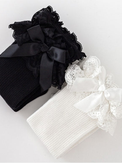Black/White Lolita Lace Cuff Bowknot Details Calf Socks