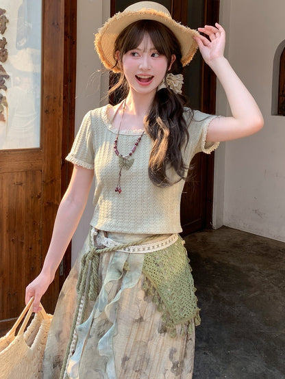 Mori Kei Light Green Round Neck Halter Neck Lace Trim T-Shirt