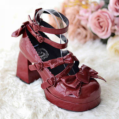 Wine Red Sweetheart and Bow Accents Sweet Lolita Platform High Block Heels