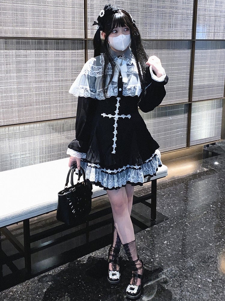 Jirai Kei White/Black/Pink Rose Cross Embroidery Landmine Style High Waist Lace Hem Skirt