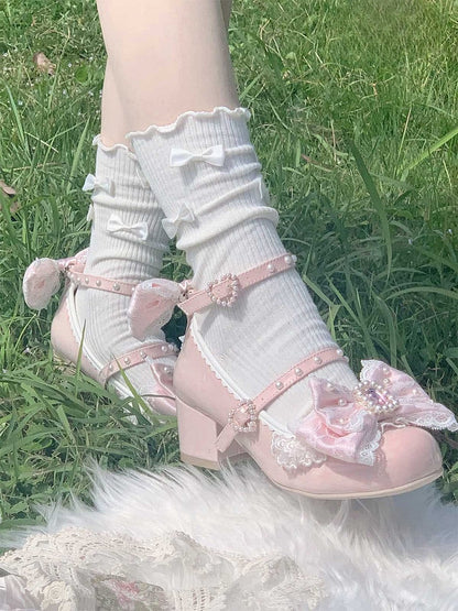 Polished Dusty Pink Detachable Rhinestone And Beaded Decorated Bowknot Lace Trim 4.5CM Block Heels Shoes