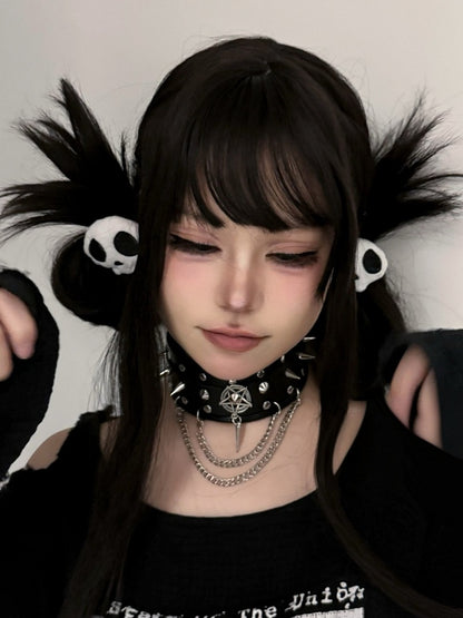 Black Stud Detail Punk PU Choker with Chain