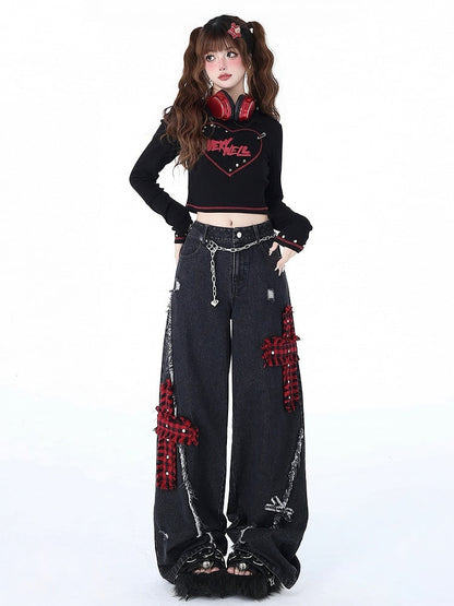 Red Plaid Crosses Black Punk Wide Leg Jeans Distressed Holes