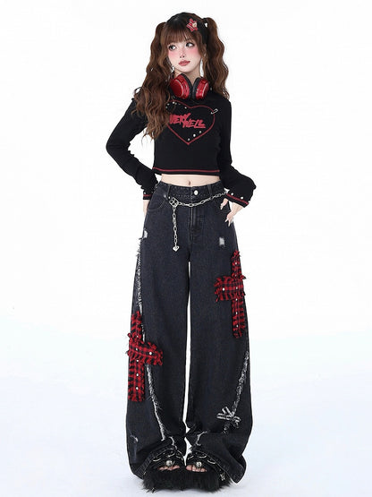 Red Plaid Crosses Black Punk Wide Leg Jeans Distressed Holes