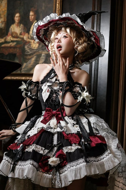 Black and Red Halter Neck Little Witch Lolita Backless Dress + High-low Skirt Full Set