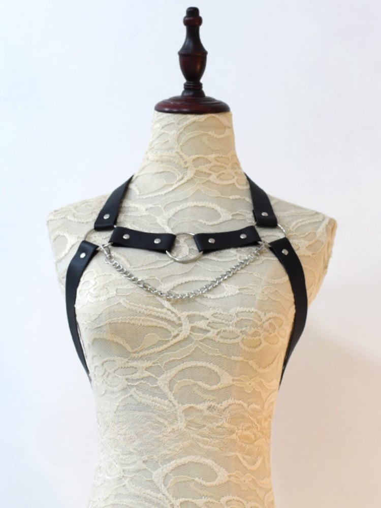 Black Cyberpunk PU Strap Chain Harness