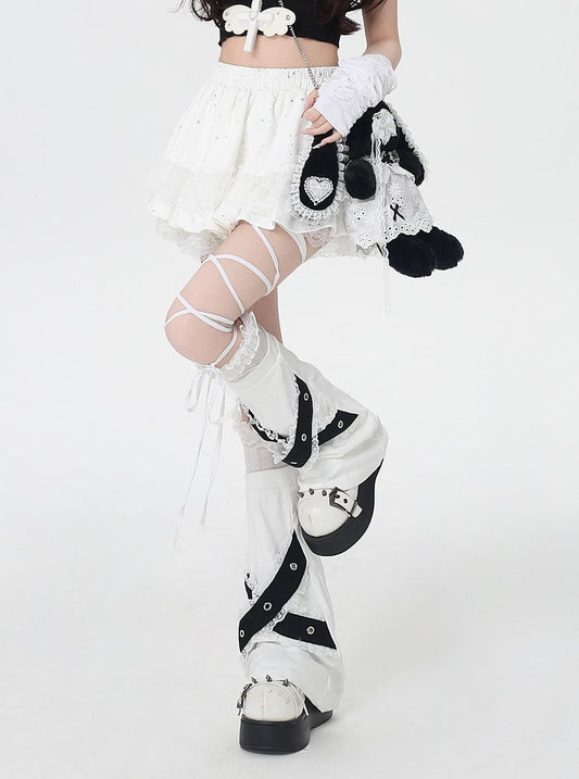 White Elastic Waist Lace Trim Balletcore Tiered Skirt