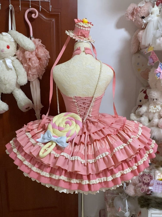 Rose Pink Sweet Bow Accents Tiered Ruffle Skirt Idol Lolita Halter Neck Dress