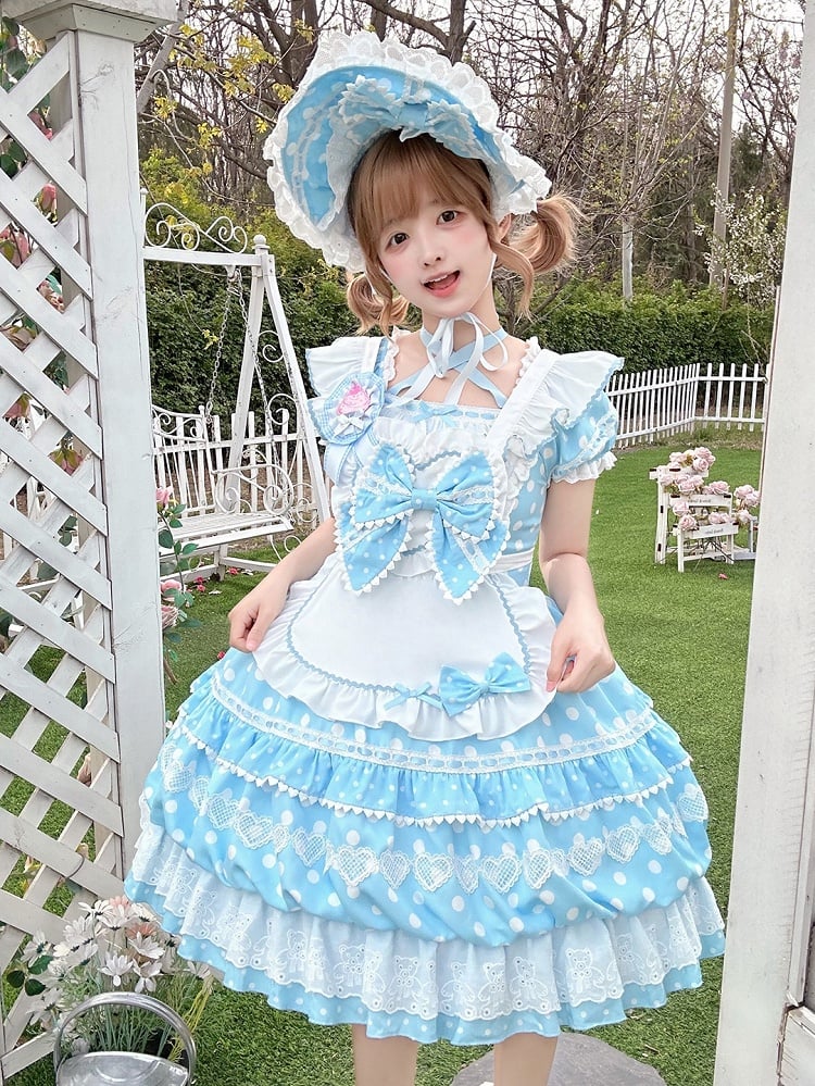 White Polka Dots Blue Square Neckline Lolita Short Sleeves Dress with Apron