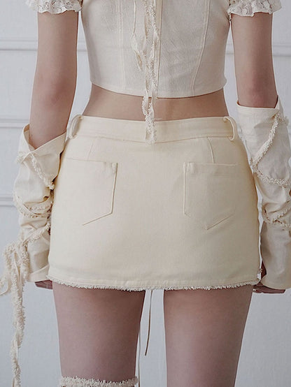 Fleece Star Patch Beige Asymmetrical Skort Frayed Hem