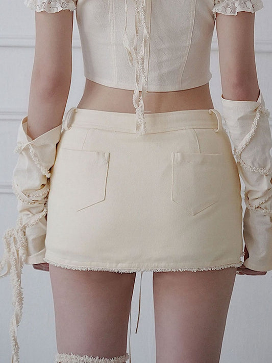 Fleece Star Patch Beige Asymmetrical Skort Frayed Hem