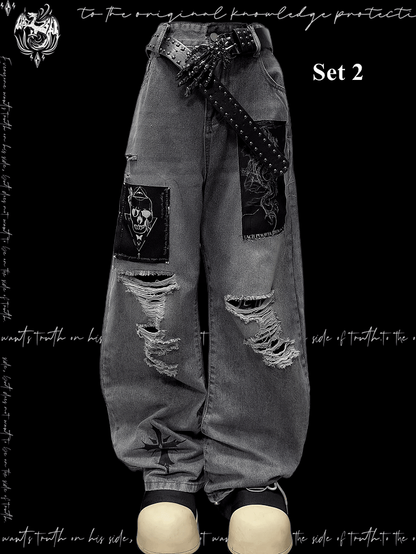 Blue Distressed Holes Skeleton Applique Punk Wide-leg Jeans