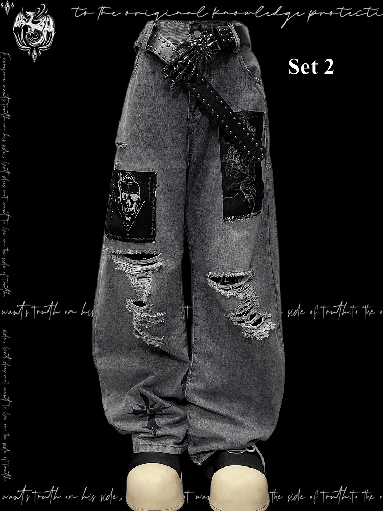 Blue Distressed Holes Skeleton Applique Punk Wide-leg Jeans