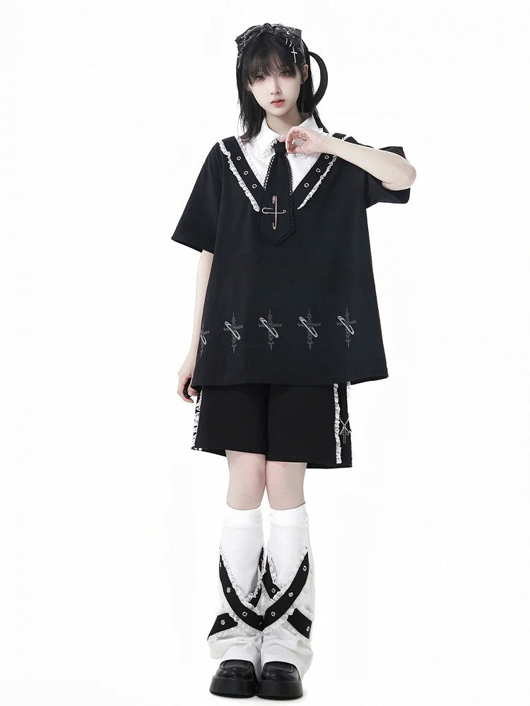 Black Elastic Waist Contrast Lace Trim Cross Charms Shorts