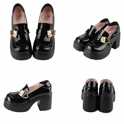 Matte Black Hugging Bear Heart Buckles Platform High Block Heels Slipons