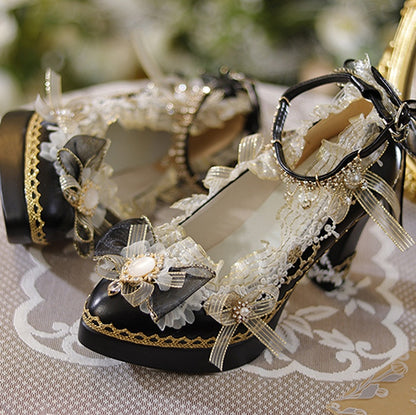 Black & Gold Floral Design Crystal Embellished 6CM/8CM Lolita High Block Heels