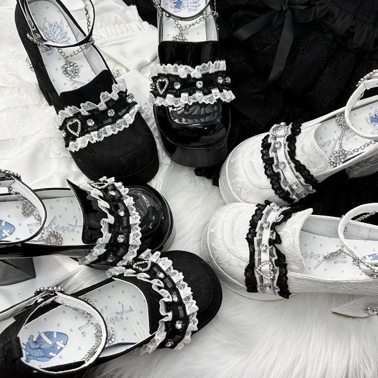 Jirai Kei Black Lace Platform Heels: 12cm Chunky Block Heel with Heart Rhinestone Chain & Buckle Ankle Strap