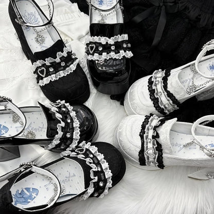 Jirai Kei Black Lace Platform Heels: 12cm Chunky Block Heel with Heart Rhinestone Chain & Buckle Ankle Strap