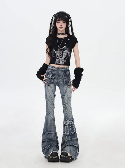 Y2K Blue Low Rise Raw Hem Faded Wash Flared Cargo Jeans