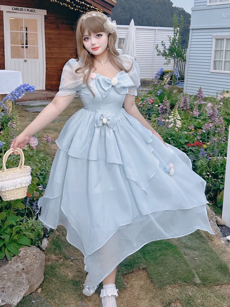 Plus Size Bowknot Details Light Blue Puff Sleeves Princess Dress Long Version
