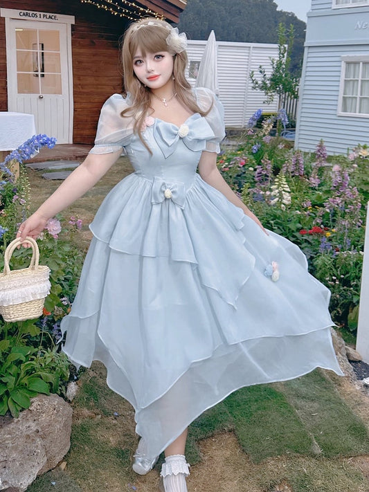 Plus Size Bowknot Details Light Blue Puff Sleeves Princess Dress Long Version