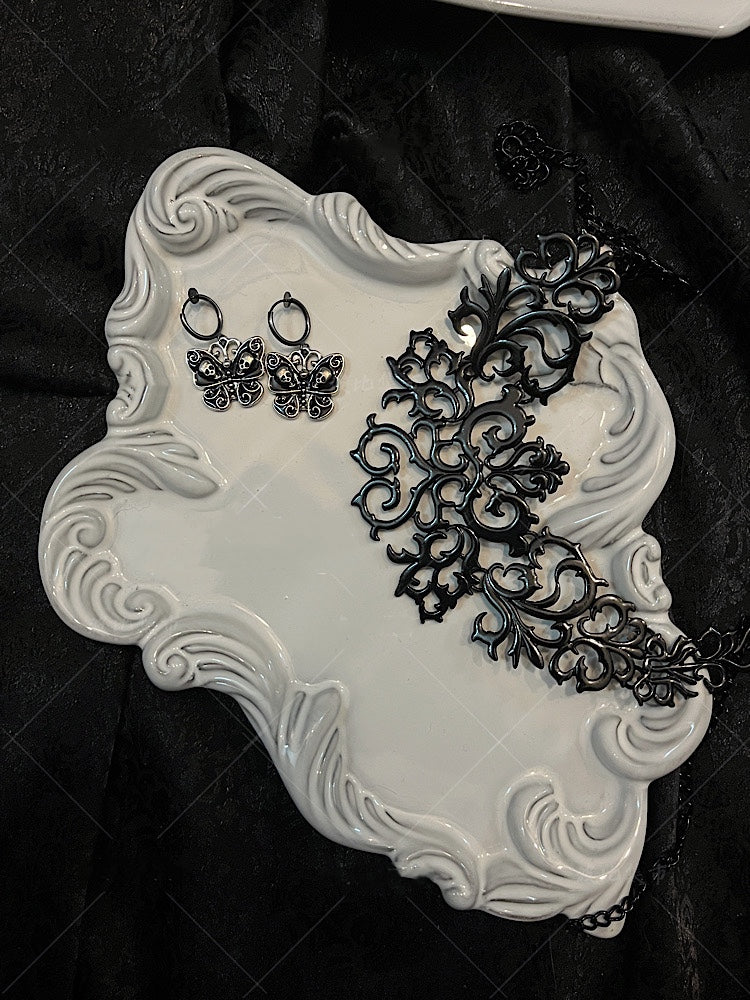 Gothic Black Choker / Butterfly Earrings