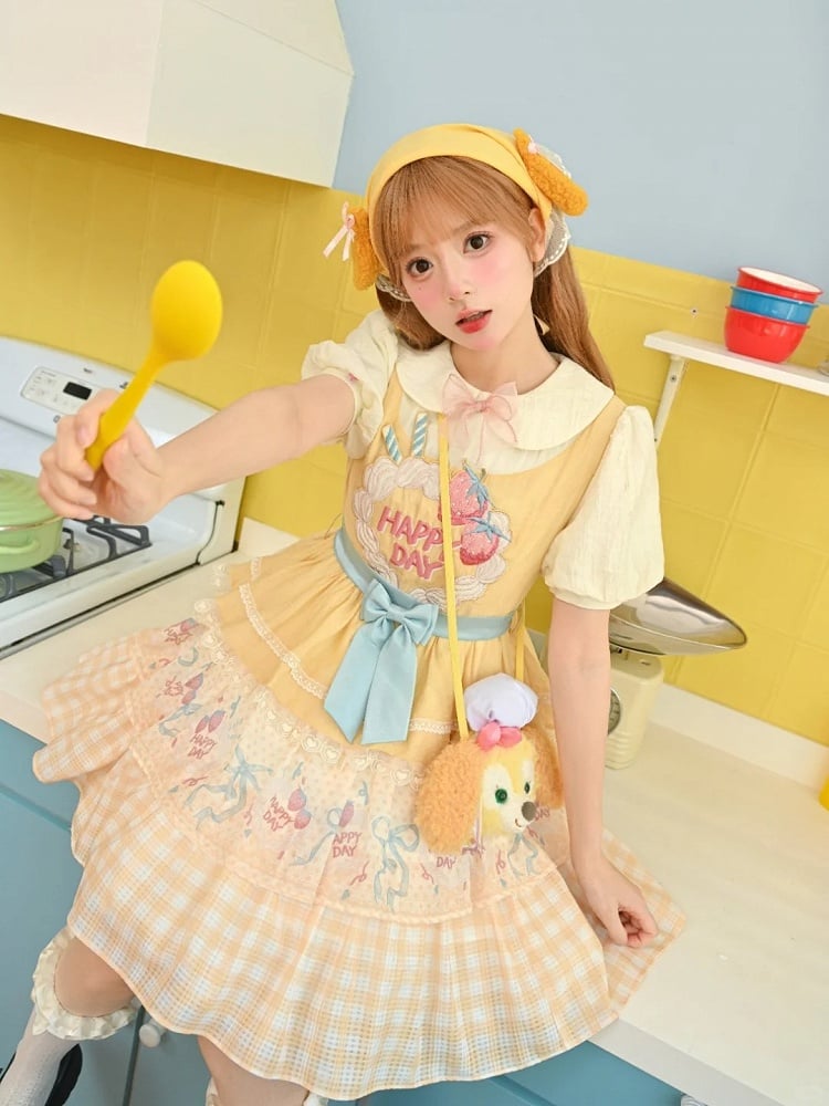 Strawberry Cake Embroidery Big Bow Creamy Yellow Tiered Skirt Sweet Lolita Dress