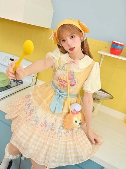 Strawberry Cake Embroidery Big Bow Creamy Yellow Tiered Skirt Sweet Lolita Dress