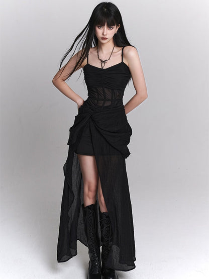 Gothic Black Twist Detail Slit Slip Dress