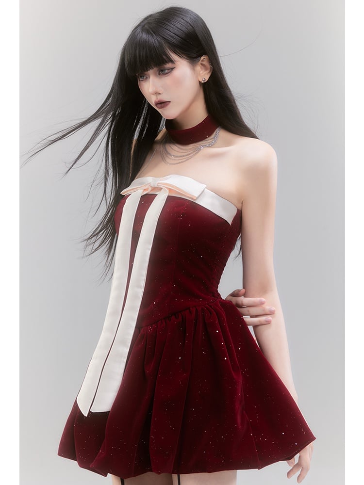 Red Off-the-shoulder Neckline Big Bow Sequins Puffy Dress