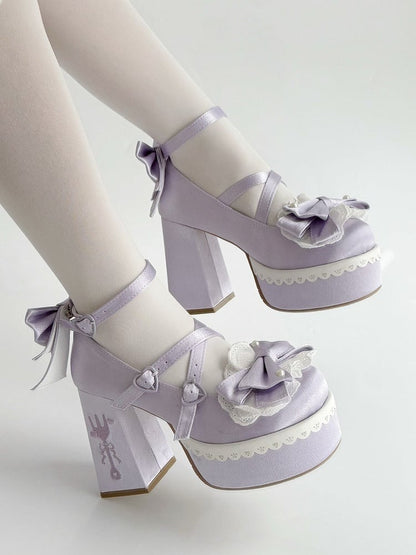Purple Lolita Lace Bowknot Buckle Straps Fork Embroidery Platform Block High Heels