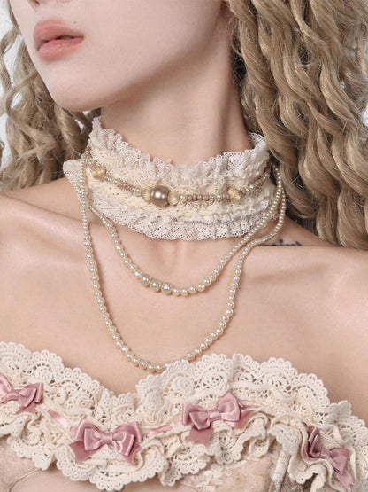 Cream Lace Choker with Detachable Bead Chain