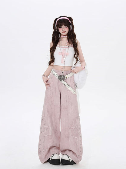 Light Pink Low Waist Studded Cross Appliques Wide-Leg Jeans